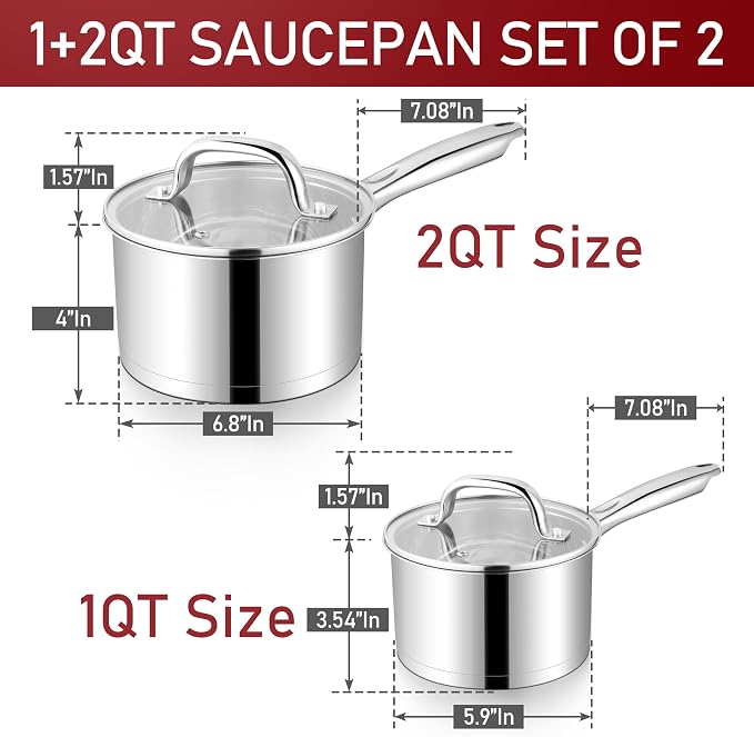 P&P CHEF 1 &2 Qt Saucepan with Lid, Stainless Steel Small Cooking Pot 2 Pan | Sauce Pan for Pasta, Soup, Tri-ply Base for Induction, Gas, Ceramic, Oven & Dishwasher Safe, Ergonomic Handle & Multi-use