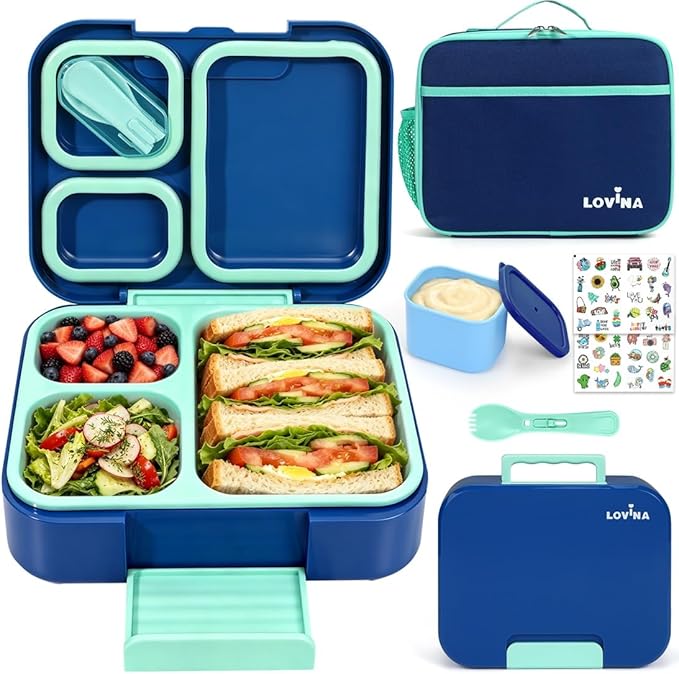 Bento Lunch Box Set For Kids Adult With Thermo Bag, BPA-Free, Leak-proof | 36 OZ Durable, All-In-One Lunch Box Kids Kit With DIY Stickers Sauce Cup, Dishwasher Safe(Blue)