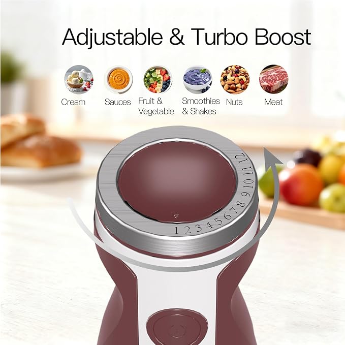 MegaWise 5-in-1 Hand Blender Set with Variable Speed Control, 400W Immersion Blender - Includes Whisk, Milk Frother, Chopper, and Beaker for Smoothies, Soups, and Baby Food (RED)