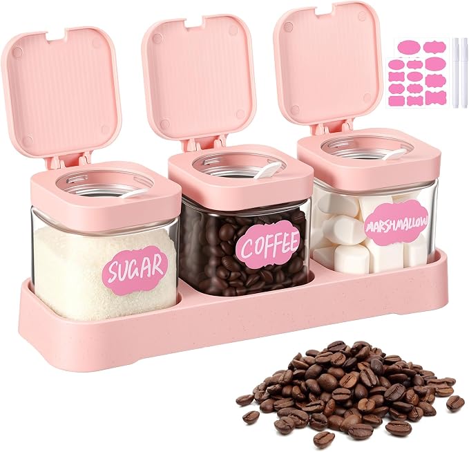 3 Pcs Glass Coffee Containers Coffee Station Organizer Set, Airtight Bean Storage Jars with Shelf,labels,spoon, Base and Pen,for Sugar, Candy, Oats, Nuts (Pink)