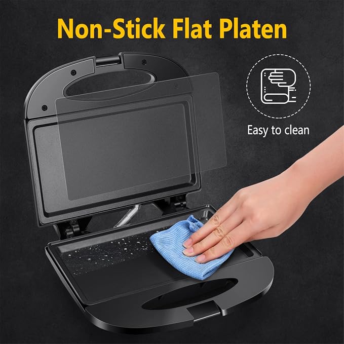 Aigostar Sandwich Maker Flat with Non-stick Deep Grill Surface, Black | 750W, Cool-Touch Handle, Overheat Protection, Compact Electric Grill for Egg, Ham, Steak, Tostadora de Pan, ETL Certificated