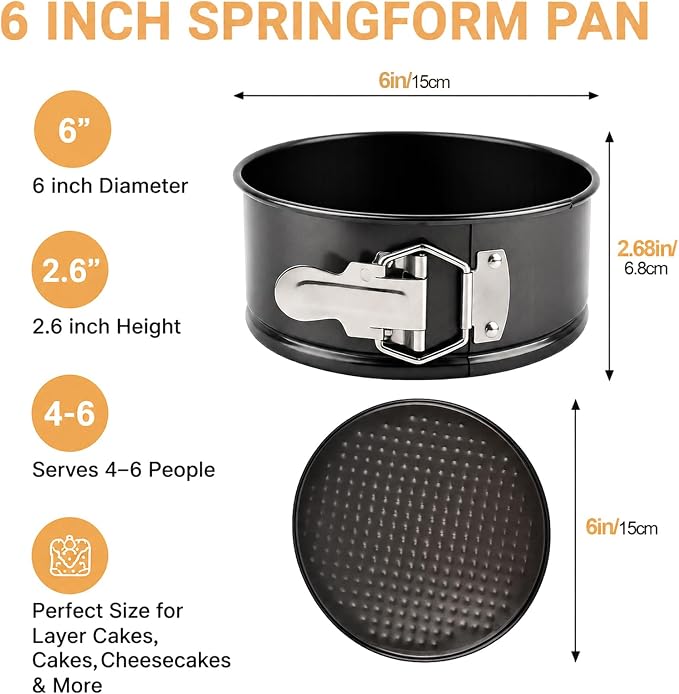Springform Pan, 6 Inch Round Cake Pan with Removable Bottom, Nonstick Coating, Leakproof, Ideal for Baking Cakes, Pies, Cheesecakes, Pizzas and Quiches