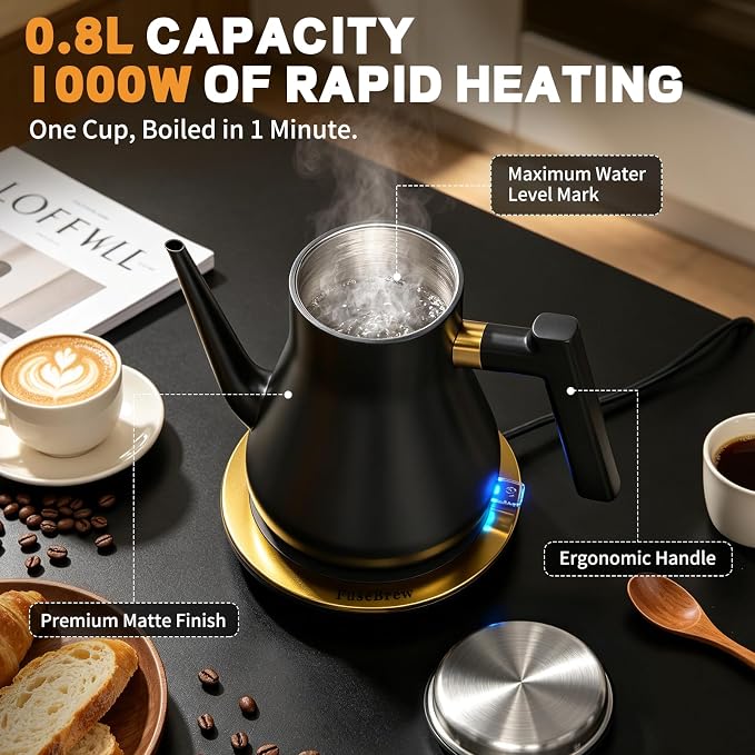 Gooseneck Electric Kettle 1000W | Pour Over Coffee Kettle with Steady Flow Spout & Balanced Handle, 0.8L Matte Black Tea Kettle for Home Barista Espresso Station Countertop- Black