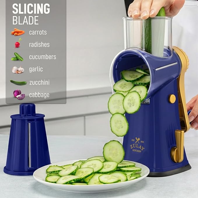 Zulay Kitchen Rotary Cheese Grater 5 Blade Cheese Shredder - Manual Hand Crank Cheese Grater With Reinforced Suction & 5 Interchangeable Drums - Easy to Use, Vegetable Chopper Round Mandoline Slicer