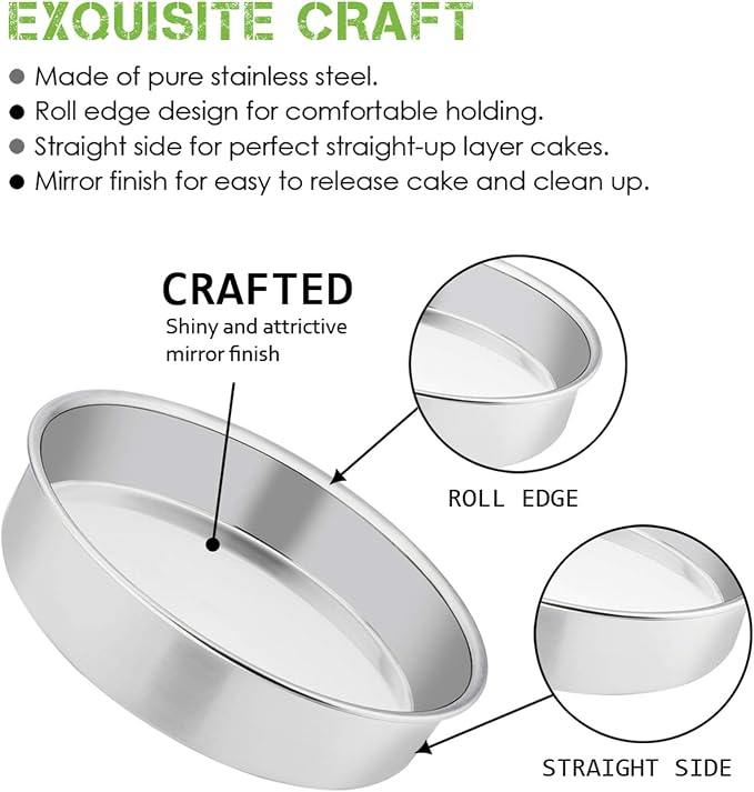E-far 11 Inch Cake Pan Set of 3, Stainless Steel Round Cake Baking Pans, Non-Toxic & Healthy, Mirror Finish & Dishwasher Safe