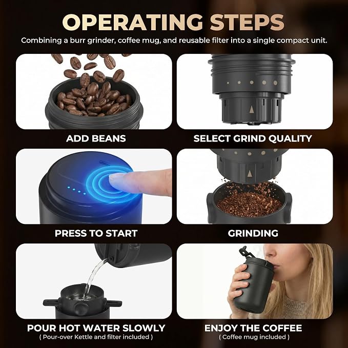 HAUSHOF Rechargeable Electric Grinder, Portable Brew Pour Over Coffee Maker | All-in-One Grind & Brew;5 Grind Settings;Easy One-Button Start;Insulated Travel Design