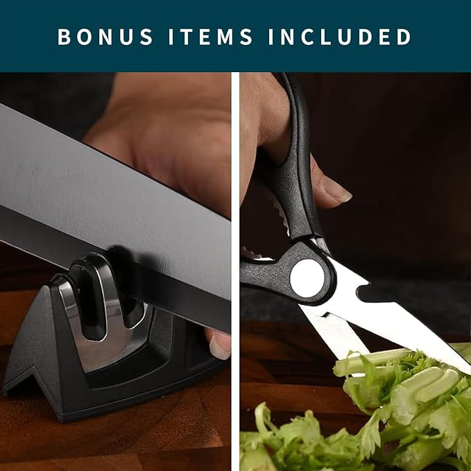 16-Piece Kitchen Knife Set with Block - High Carbon Stainless Steel Knives, Black Non-Stick Coating, Triple Riveted Forged Turquoise Handle, Dishwasher Safe, Includes Knife Sharpener, Scissors