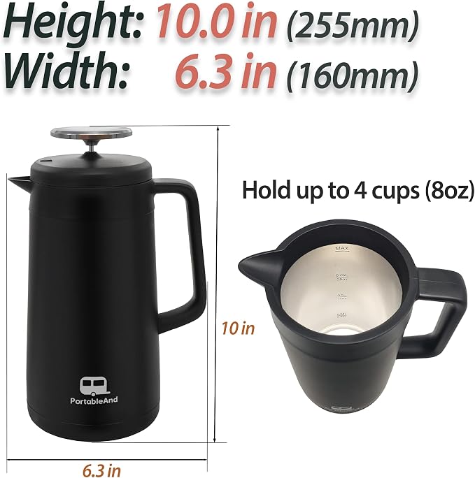 PortableAnd 34oz Double Vacuum Insulation Large Silicone French Press Coffee Maker, Metal Stainless Steel, Matte Black, Perfect for Camping, Travel, and At-Home Use (Light Gold)