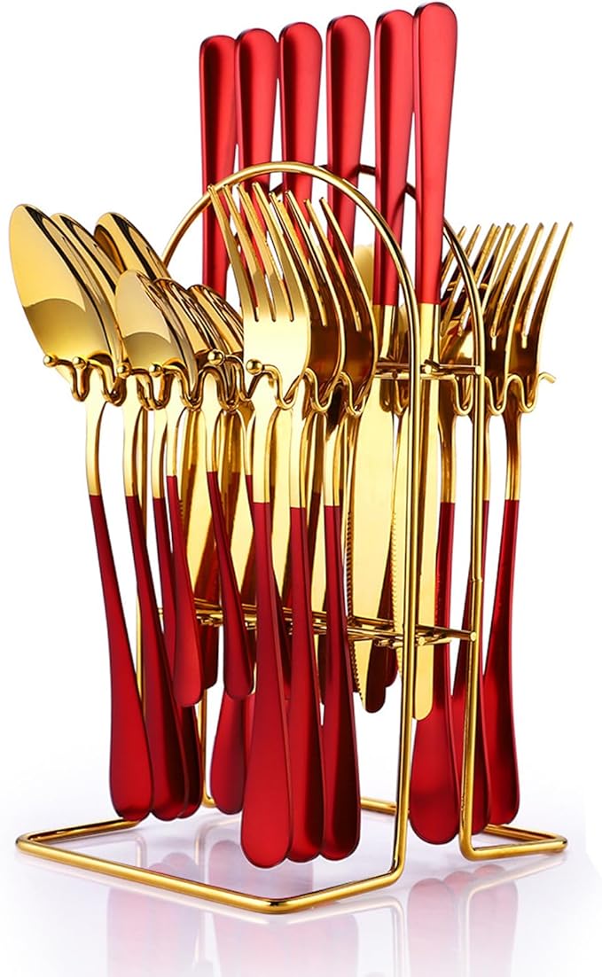 24 Pieces Silverware Set, Stainless Steel Flatware Set with Silverware Holder Spoons Forks Knives,Utensils Set Service for 6,Gold Mirror Polished and Matte Painted Cutlery Set (Red)