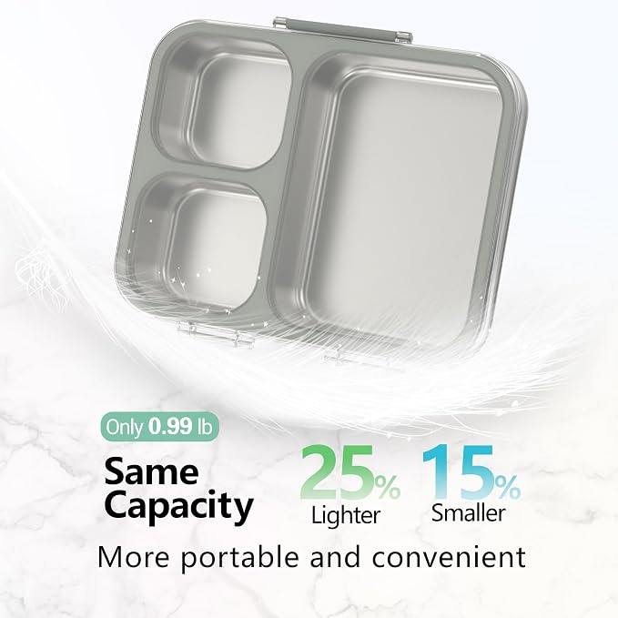 HOMEKOL Stainless Steel Bento Lunch Box 3-Compartment, 4.2Cups, Grey | Leak-Proof Metal Lunch Container for Kids & Adults, BPA-Free, Dishwasher Safe, Clear Tritan Lid, 1000ml (Not Insulated)