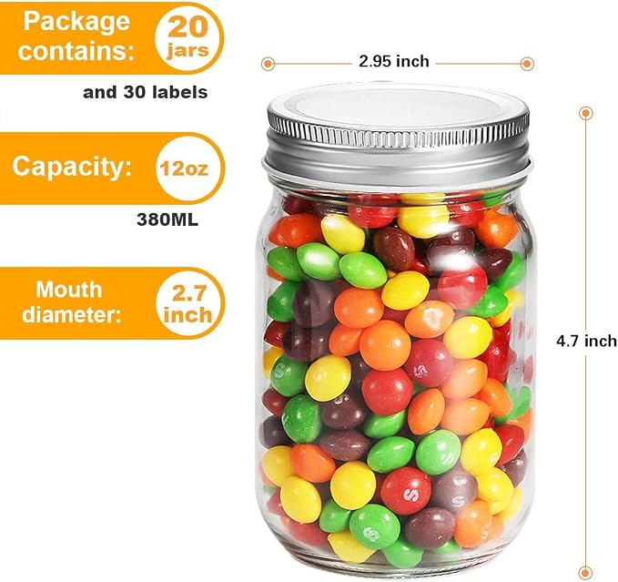 Rainforce Mason Jars 12 oz 20 Pack Glass Jars with Silver Lids food Storage | Regular mouth canning jars for pickles,meal prep,crafts with 20 labels and 1 pen.Food Storage frascos de vidrio con tapa para