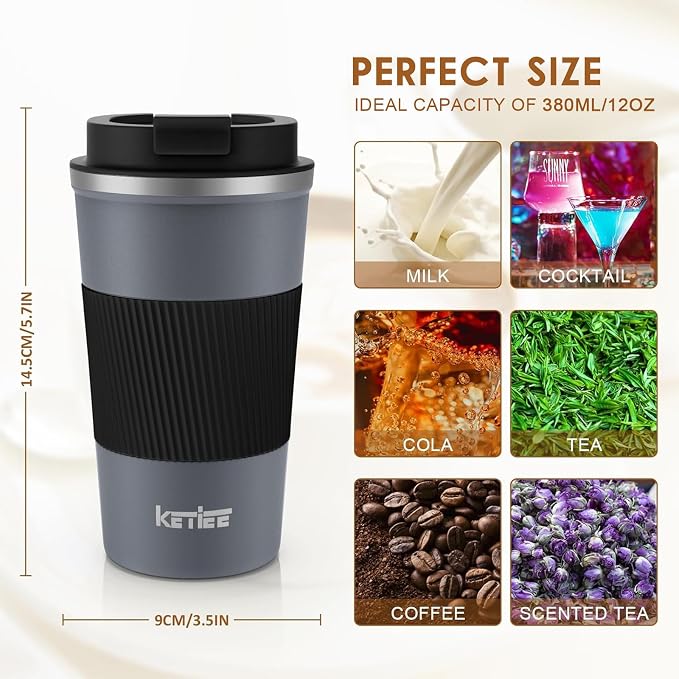 KETIEE Travel Coffee Mug Spill Proof 12oz, Insulated Reusable Coffee Cups with Seal Lid, Vacuum Stainless Steel Travel Mug to Go Car Tumbler for Hot/Iced Drinks (Grey)