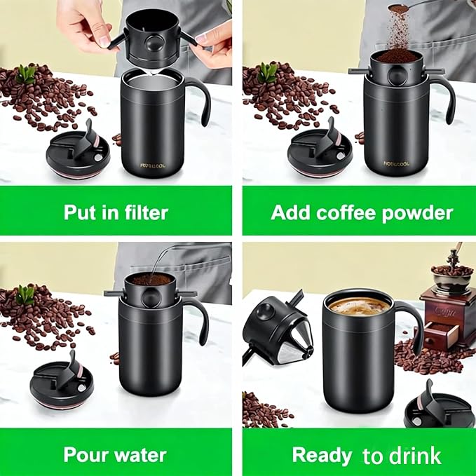 Portable 16oz Pour Over Coffee Maker with Foldable Filter & Stirrer – Insulated Stainless Steel Travel Cup with Lid – No Paper Filter Needed, BPA-Free, Black – For Home, Office, Camping, Backpacking