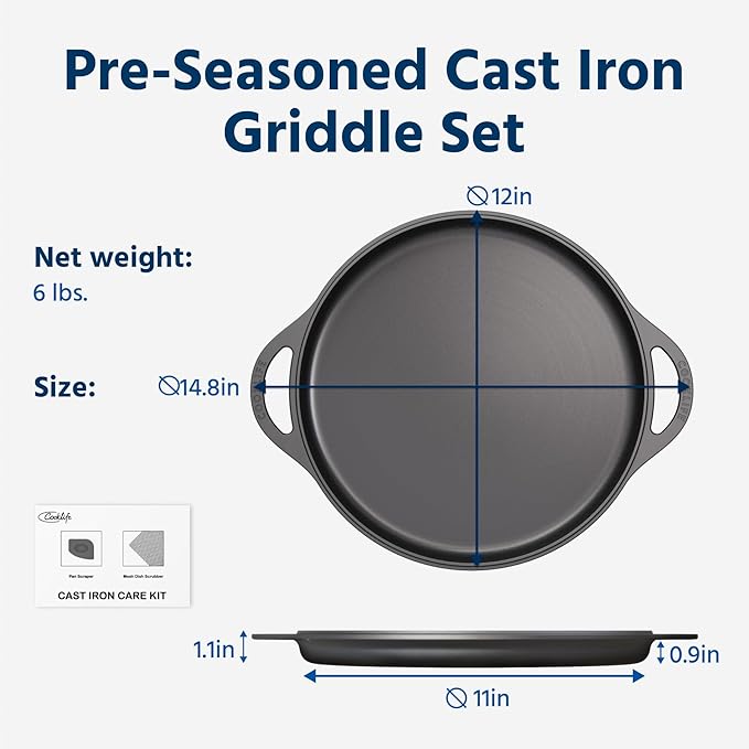 12inch Lightweight Pre-Seasoned Cast Iron Griddle Smooth Grill Pan | Non-Stick Polished Flat Pan Use with an Oven, Stove, Grill, or Campfire, Handcrafted, PFAS-Free, Non-Toxic, Easy to Clean