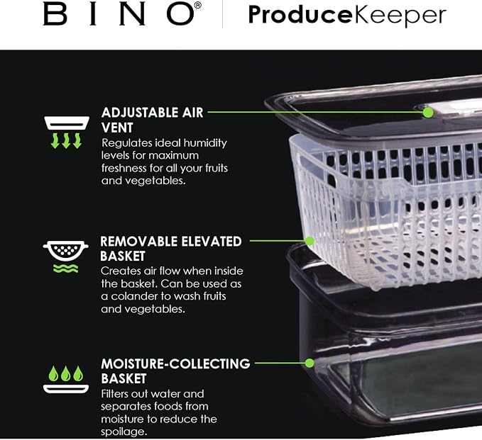 BINO | Produce Saver - 15.2 Cup/3.6L | Fridge Storage Containers for Fruits and Vegetables | Vegetable Storage with Adjustable Air Vent, Removable Basket | BPA-Free Fridge Organizers and Storage