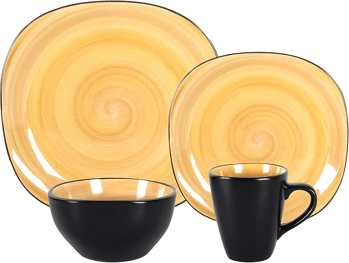 HomeVss, Stoneware Square 16pc Dinnerware Set, Inside Spinwash Swirl Yellow + Outside Black