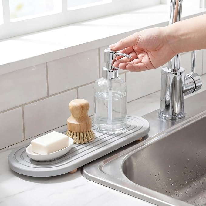 2PCs Fast-Dry Diatomite Sink Tray Organizer Absorbent Light Grey | Absorbent Diatomite Material, 11.8*3.9 in, Versatile Sink Organizer