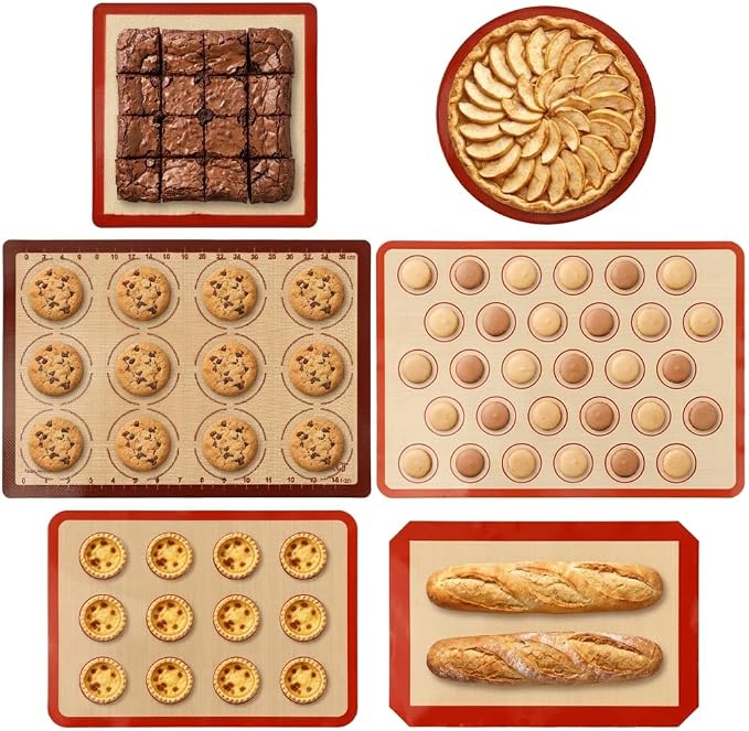 Silicone Baking Mat Set of 6, Extra Thick Silicone Mats, Food Grade Non-stick Reusable Baking Mat, Heat Resistant -40°F to 446°F, Round & Square Cake Pan Mat for Macarons, Cookies, Pizza, Bread