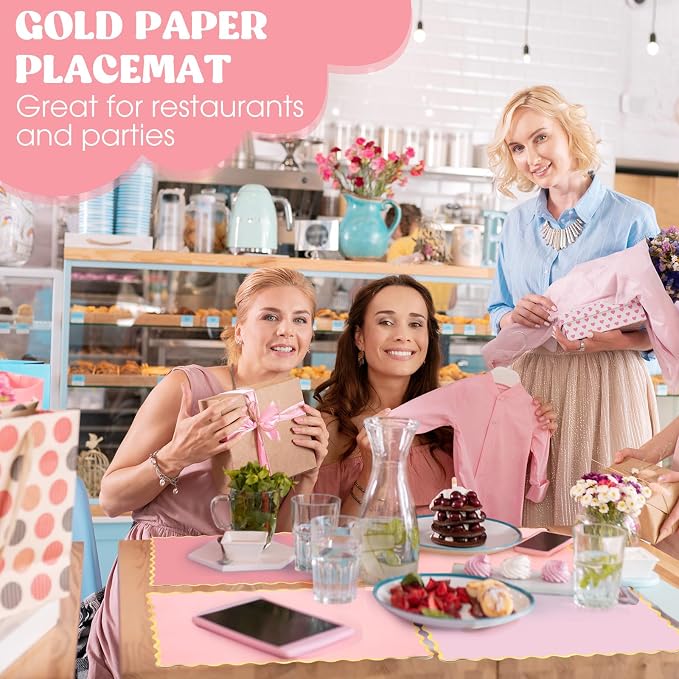 FoldTier 150 Pcs Disposable Paper Placemats Bulk 10"x14" Rectangle Place Mats with Scalloped Edges Dining Table Mat for Wedding Birthday Party Table Decoration(Pink Series)