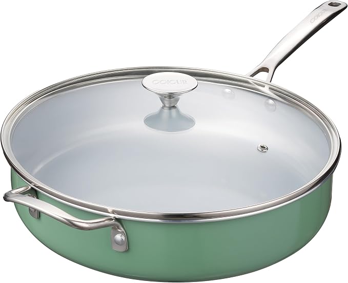 Nonstick Sauté Pan with Lid 5 QT Deep Frying Pan with Stainless Steel Handle 12 inch Large Skillet Ceramic Jumbo Cooker for Cooking Induction Compatible Frying Pan, Green