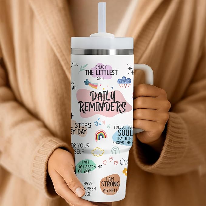 Gossby Daily Reminders Tumbler for Women, 30oz Stainless Steel with Handle | Daily Affirmations For Women, Inspirational Cup, Motivational Mental Health Gift For Friends, Nurse, Coworker, Birthday Gifts