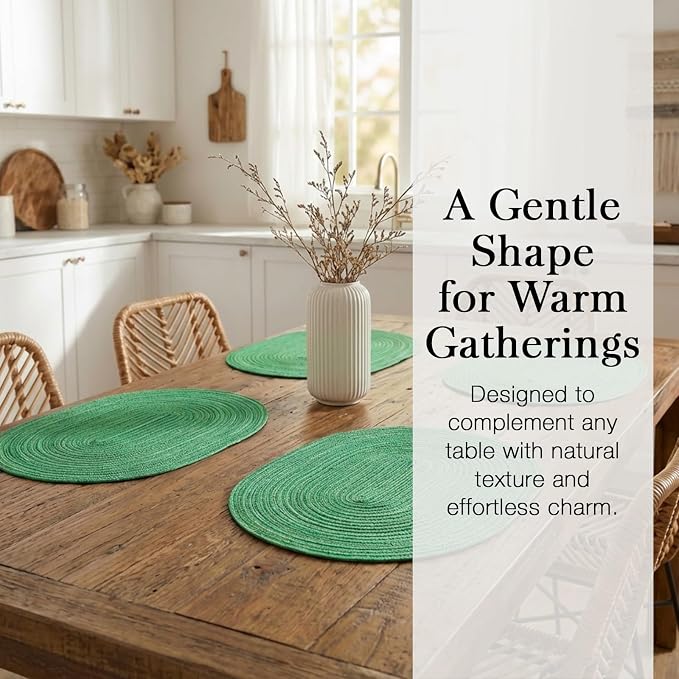 Placemats Set of 6, Woven Oval Braided Dining Table Mats(Green Shine) | 12 x 17.5 Inch Size Fits Plates and Flatware; Hand Washable and Heat Resistant for Kitchen Use, with Farmhouse and Boho Style