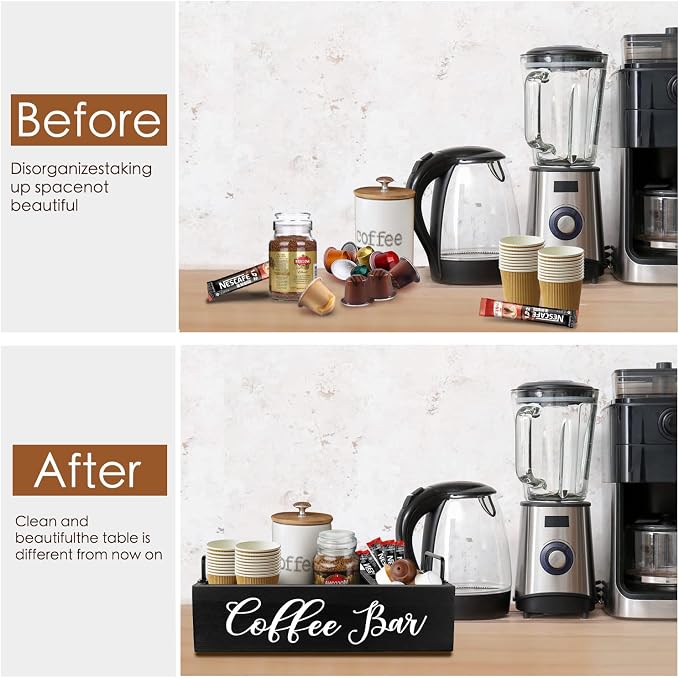 MINCORD Coffee Station Organizer for Countertop | Wooden Coffee Bar Holder Accessories Farmhouse Kcup Pod Storage Basket with Handle - Black