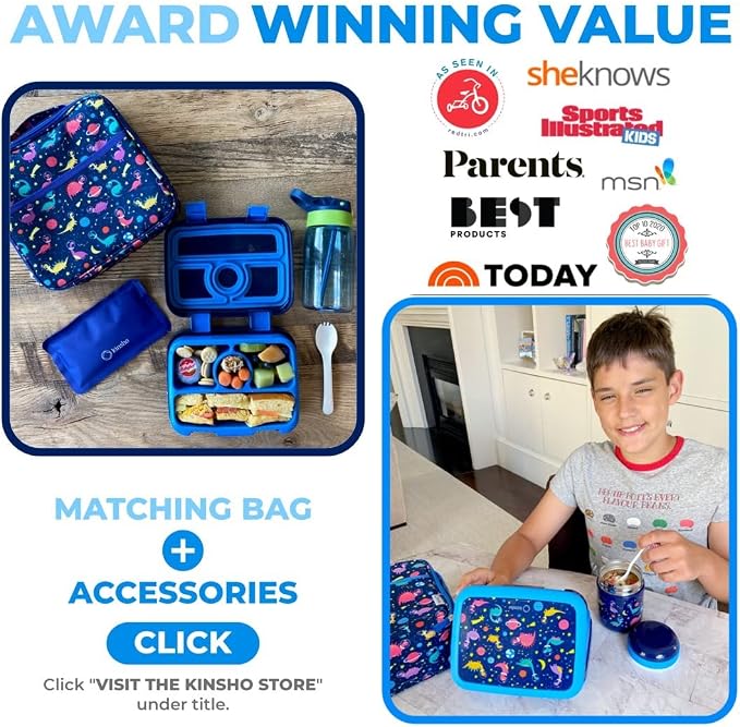 kinsho kids Bento Lunch Box Set with Thermo Bag & Ice Pack, Blue Space Dino | 4 Compartments, Removable Tray, Small Meal Dinosaur Snack Container for Boys Toddlers, Daycare & Pre-School, Steel Food Jar
