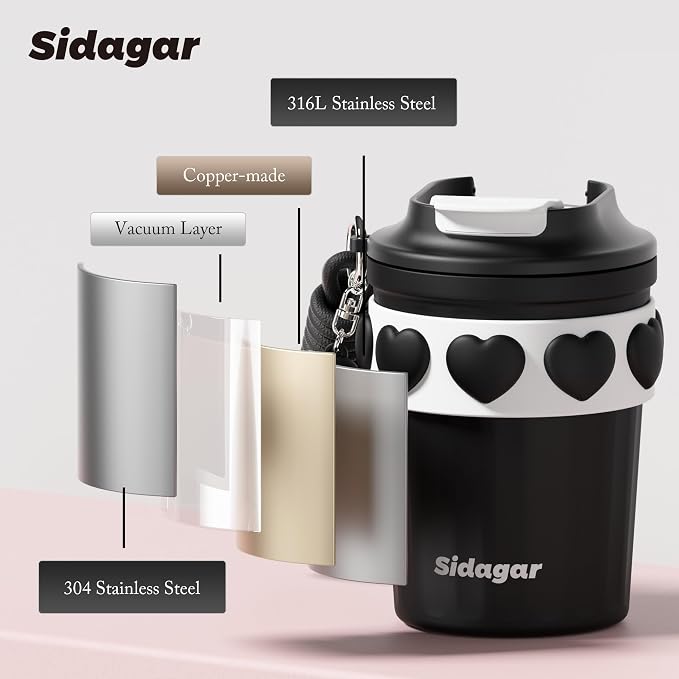 SDGA+ 12 oz Travel Coffee Mug Spill Proof Leak Proof, Stainless Steel Thermal Coffee Cup with Lid, Resuable Cup for Hot and Cold, Portable Tumbler for Women, Black