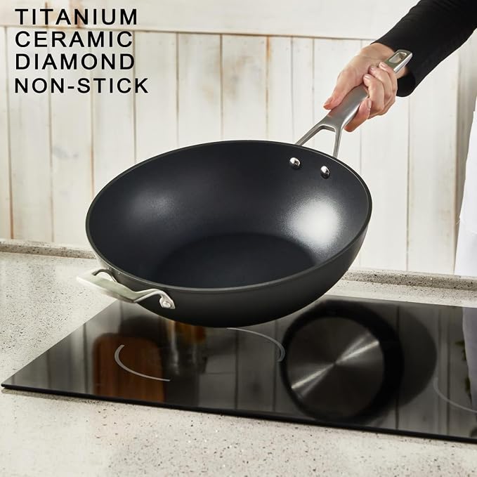 MsMk 12.5 Inch Nonstick Frying pan with Lid, Woks & Stir Fry Pans Skillet | Non Toxic, Even Heating, Easy Clean, Dishwasher & Oven Safe, suitable for gas & electric & induction stoves, Stainless Steel