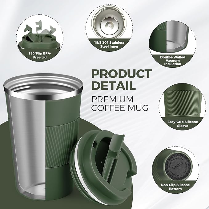 Volhoply 13 oz Stainless Steel Insulated Travel Coffee Mug with Fip Lid,Reusable Double Wall Vacuum Metal Coffee Cup,Portable to Go Leak Proof Cafe Thermal Tumbler for Hot & Cold Drinks(Army Green,1)