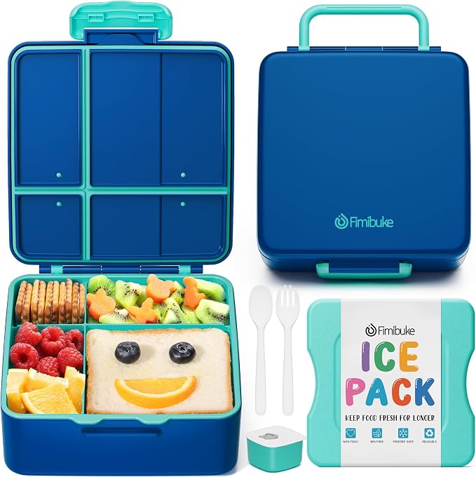 Fimibuke Chill Bento Box for Kids, Toddler Lunch Box with Built-In Ice Pack | Keep Cold Leak Proof BPA Free 4 Compartment Lunch Container with Utensil for Girl Boy School Adult, Microwave Dishwasher Safe