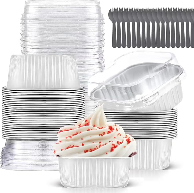10oz Mini Cake Pans with Lids (40 Pack) Aluminum Foil Square Cupcake Liners Brownie Baking Cups,Disposable 4”x4” Large Cupcake Pan,Jumbo Muffin Tin Ramekins Holders