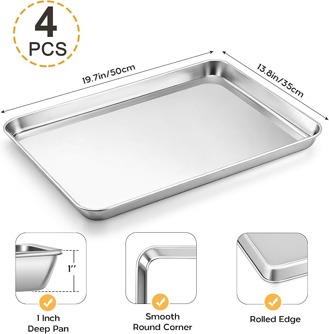 Onader 4 Pack Baking Sheet Pan, 20 x 14 Inch Stainless Steel Cookie Tray | Baking Trays for Oven, Large Roasting Pan Set, Food-Grade Half Sheet Cake Pans, Heat-Resistant Dishwasher Safe