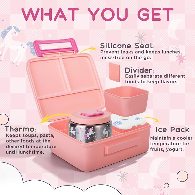 Kids Bento Lunch Box with 8oz Thermo, Ice Pack & Dividers for School | Food Container 5 Compartments,Insulated Food Jar,Keep Warm&Cold,Removable Dividers,Leak-Resistant,BPA-Free,Easy to Clean