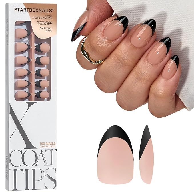 BTArtboxnails XCOATTIPS Black French Tip Press On Nails, S Almond, Peach | Lamp-Curable, 4-Week Wear, Natural Nail Look, Salon Quality Value at Home, Easy-to-Apply for Beginners, 160ct Nail Tips Only