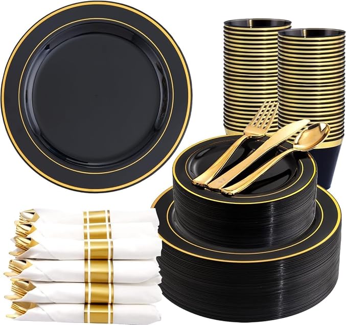 350 Pieces Black and Gold Plastic Plates with Disposable Silverware, Include 50 Dinner Plates 9”, 50 Dessert Plates 6.3”, 50 Black Cups 9 OZ, 50 Pre Rolled Napkins for Wedding/Party/Birthday/Halloween