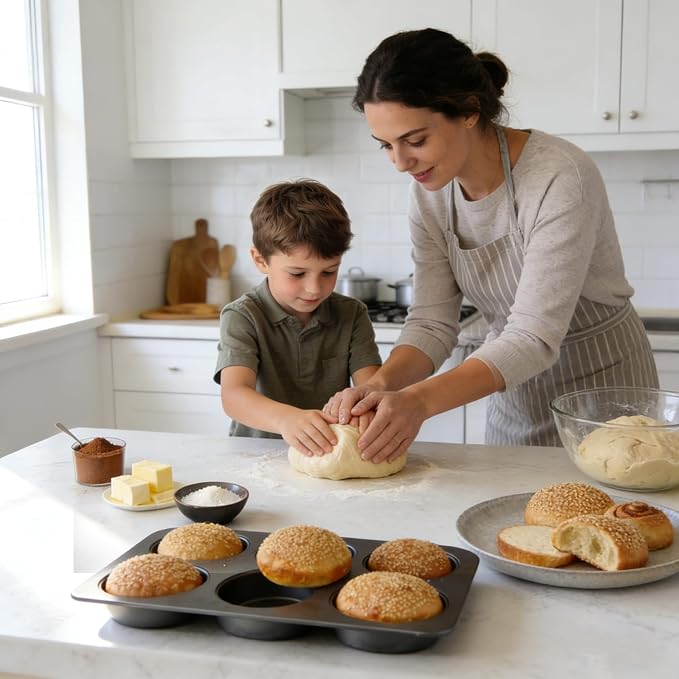 2 Pcs English Muffin Pans, 3.6 Inch Non-Stick 6 Cup Straight Side Cupcake Pan, Hamburger Bun Pan for Baking Muffin Egg Sandwich Frittata Cinnamon Roll (Lid NOT Included)