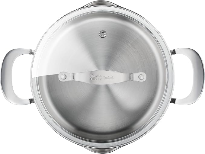 Jamie Oliver by T-fal Cooks Smart 10-Piece Stainless Steel Cookware Set | Stainless steel interior, Thermo-Fusion induction base, Oven safe to 500°F, Dishwasher safe, Heat indicator included