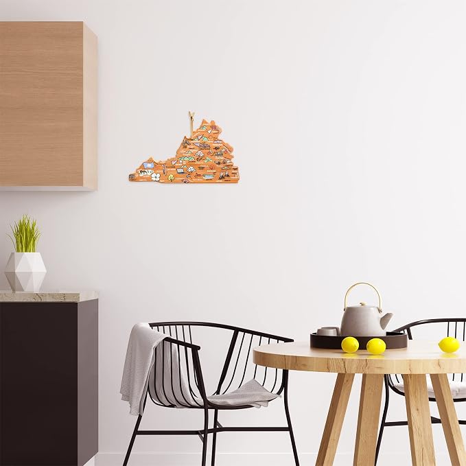 Totally Bamboo Virginia State Shaped Cutting Board, Art by Fish Kiss | State charcuterie board with colorful hand-drawn map artwork. Smooth reverse side for food prep. Hang tie for wall display.