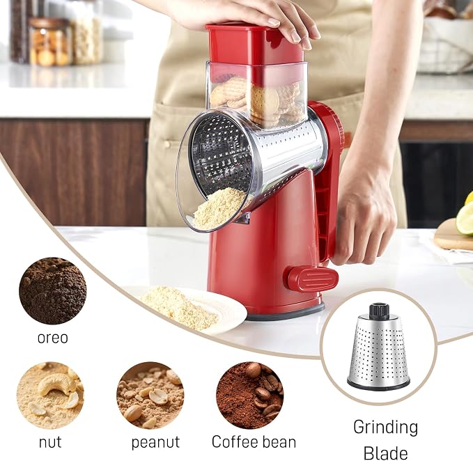 Weltonhm 4 in 1 Large Rotary Cheese Grater Hand Crank (red, 4 Graters) | Cheese Shredder Rotary and Slicer with 4 Stainless Steel Blades for Vegetables, Veggie and Cheese, Stronger Suction Base