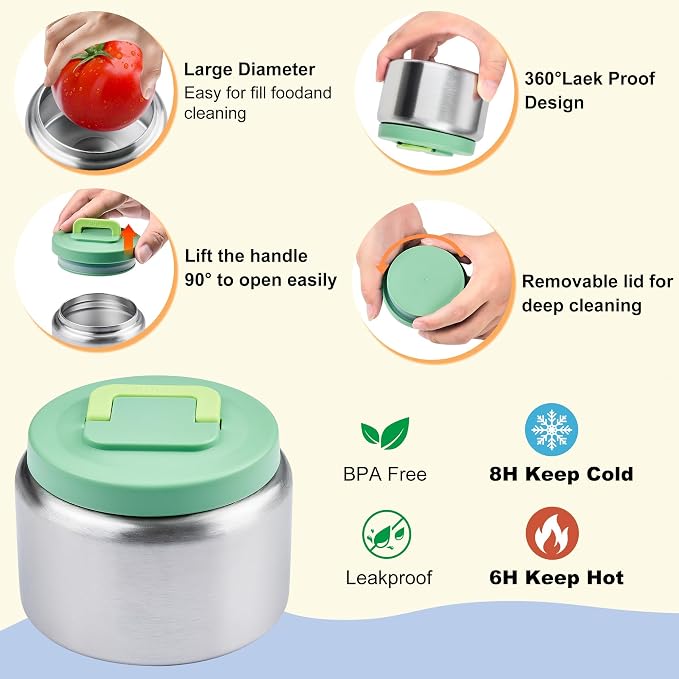 Bento Lunch Box for Kids with Thermo, Leakproof Bento Box with 8oz Insulated Food Jar, Lunch Bag, BPA Free Dishwasher Safe 4 Compartment Container for School Girls Boys (Green)