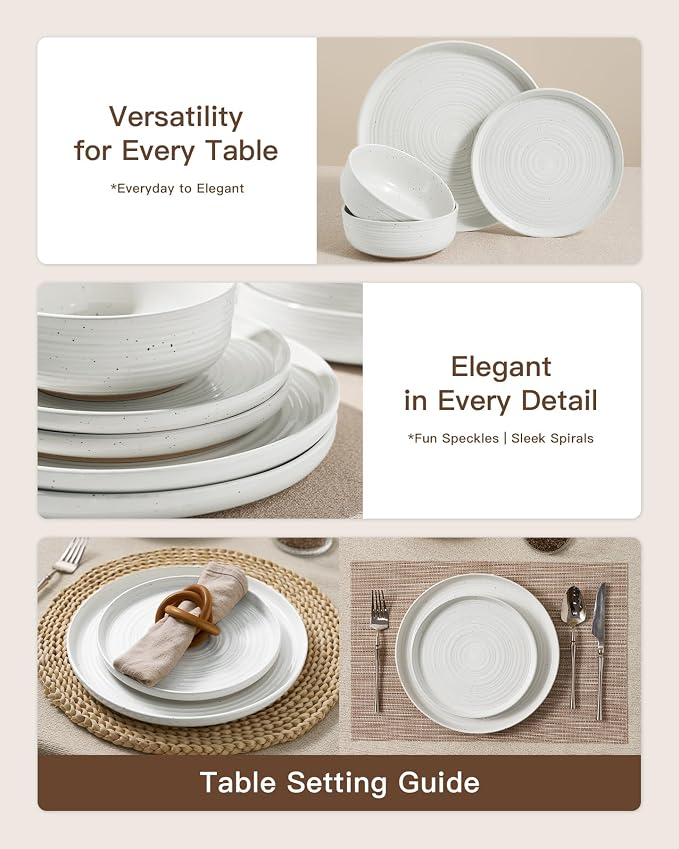 Stoneware Dinnerware Sets with Pasta Bowls, Service for 4 | 16-Piece Ceramic Plates and Bowls, Speckled Spiral Dishes, Chip & Scratch Resistant, Microwave & Dishwasher Safe, White Honey