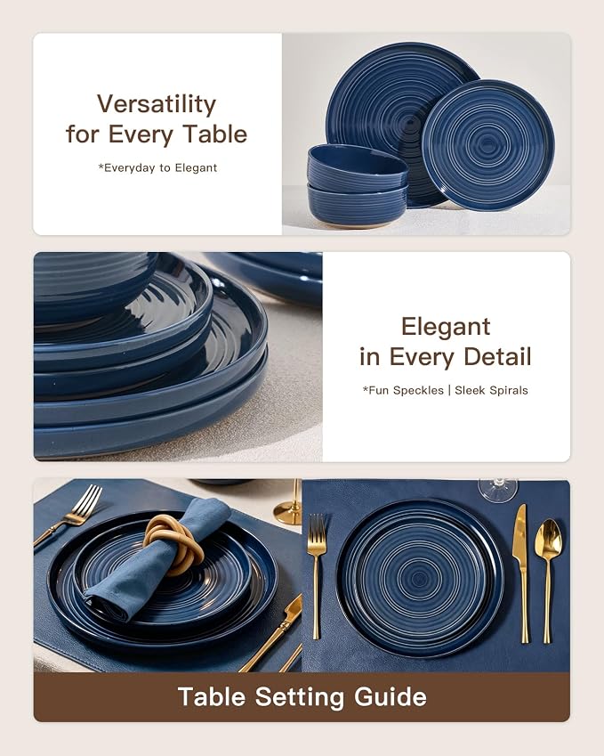 Dinnerware Set for 4, Ceramic Plates & Bowls, Abyssal Blue | 12-Piece Ceramic Speckled Spiral Dishes, Chip & Scratch Resistant, Microwave & Dishwasher Safe, Everyday Use, Farmhouse Style