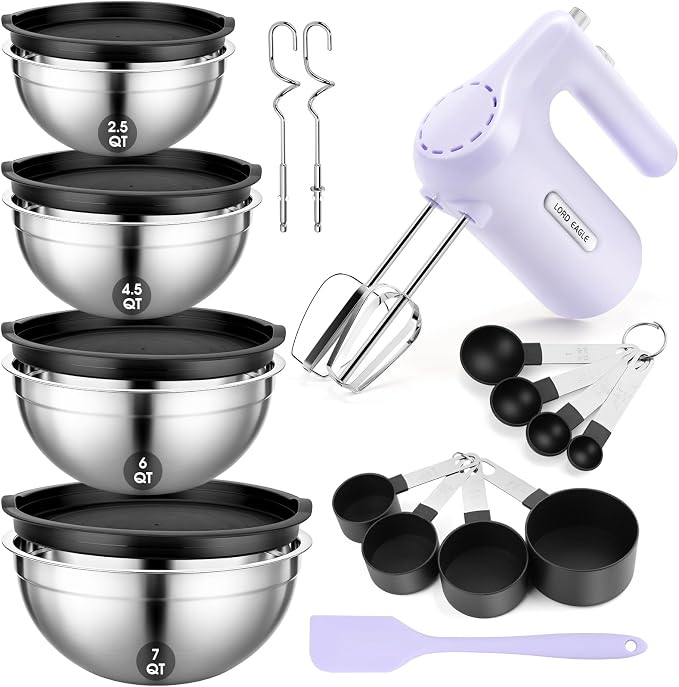 Lord Eagle 5-Speed Hand Mixer Electric With 4 Mixing Bowls Set | 300W Lightweight Kitchen Handheld Mixer with Measuring Cups & Spoons, Stainless Steel Bowls, Baking Supplies for Cake, Purple