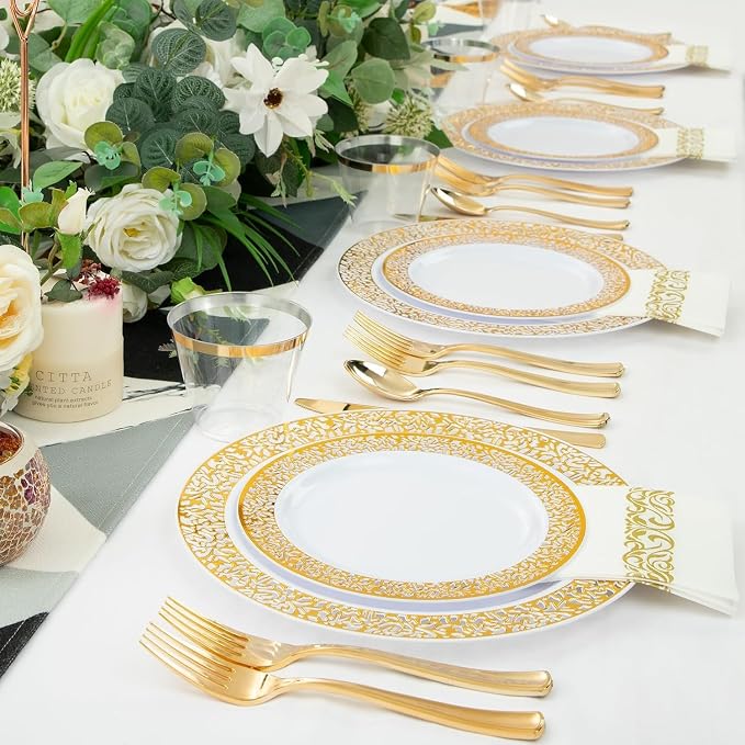 WELLIFE 210Pcs Gold Plastic Dinnerware - Disposable Silverware and Cups, Include:30 Dinner Plates, 30 Dessert Plates, 30 Paper Napkins, 30 Cups, 30 Gold Plastic Cutlery Set for Party and Wedding
