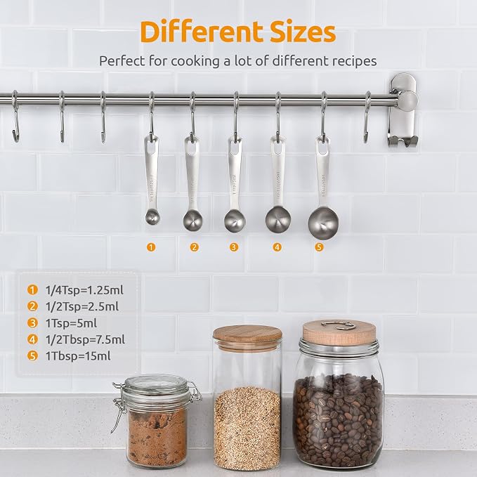 U-Taste 18/8 Stainless Steel Measuring Spoons Set of 5, Teaspoon Tablespoon | Kitchen Metal Measure Set, Metric & US Measurements, 1/4tsp, 1/2tsp, 1tsp, 1/2tbsp, 1tbsp for Dry & Liquid Ingredients
