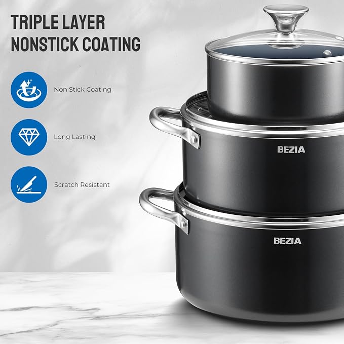 BEZIA Nonstick Induction Cookware Set, 6-Piece Pots and Pans Set with Lids | 2QT Saucepan, 4.8QT Casserole Dutch Oven, 6QT Stock Pot, Riveted Stainless Steel Handles, Oven Safe, Works on All Stovetops