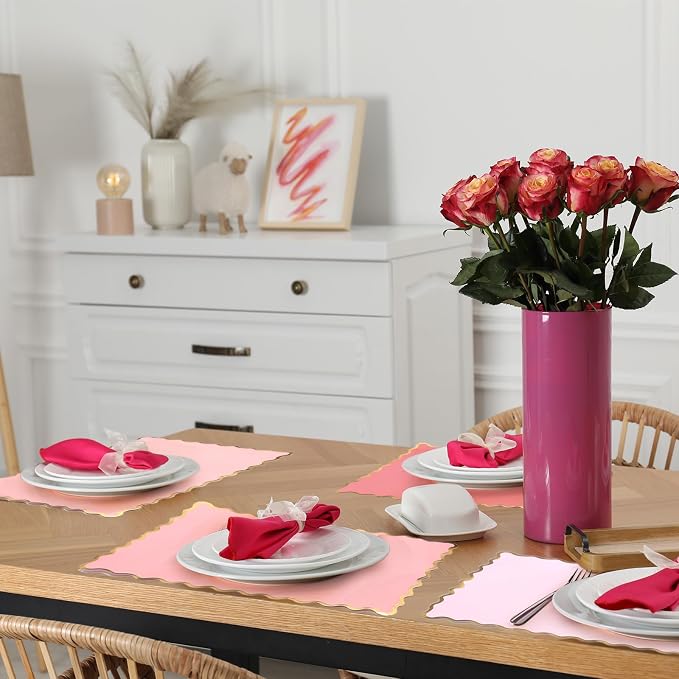 FoldTier 150 Pcs Disposable Paper Placemats Bulk 10"x14" Rectangle Place Mats with Scalloped Edges Dining Table Mat for Wedding Birthday Party Table Decoration(Pink Series)