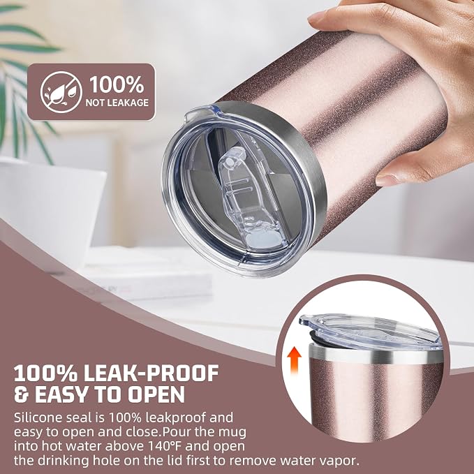20 oz Tumbler with Lids and Straws, Stainless Steel Insulated Travel Coffee Mug, Double Wall Vacuum Insulated Tumblers, Powder Coated Coffee Tumbler for Cold & Hot Drinks (Rose Gold)